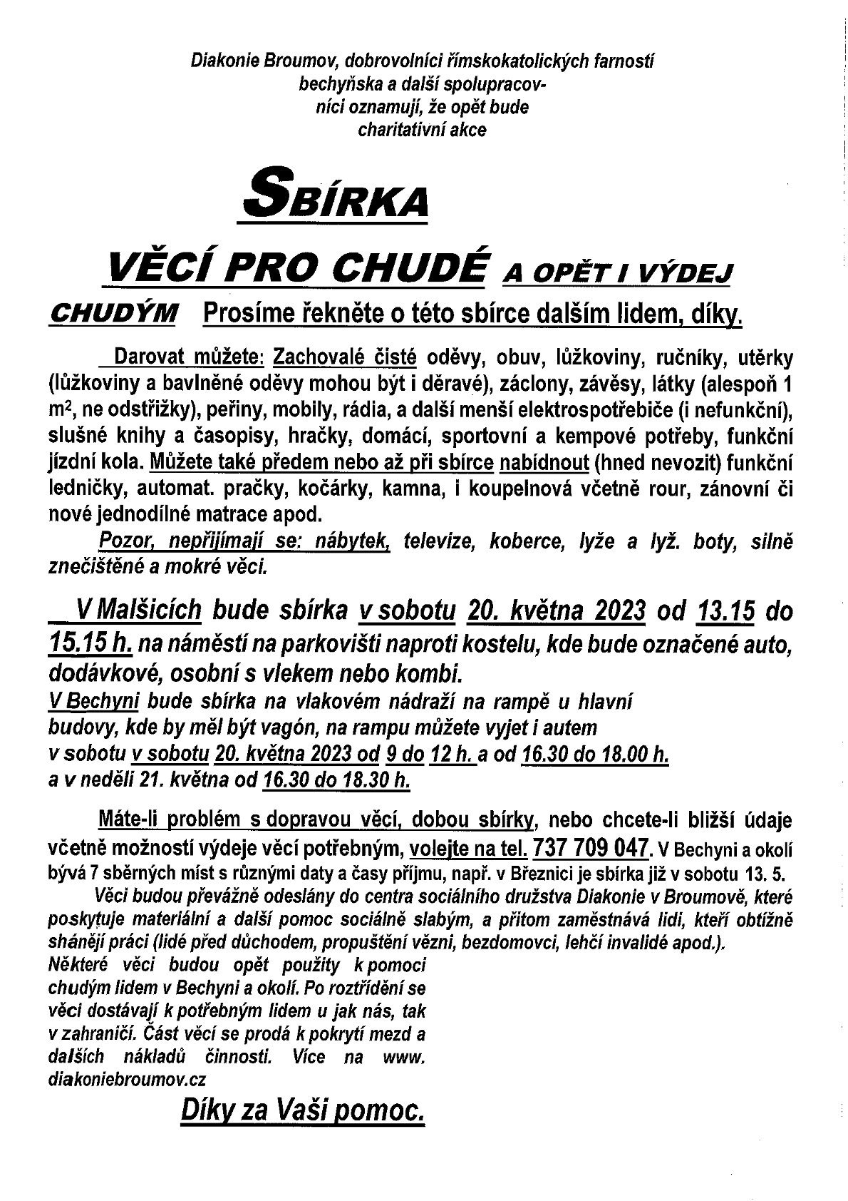 letáček - SBÍRKA VĚCÍ PRO CHUDÉ v MALŠÍCÍCH