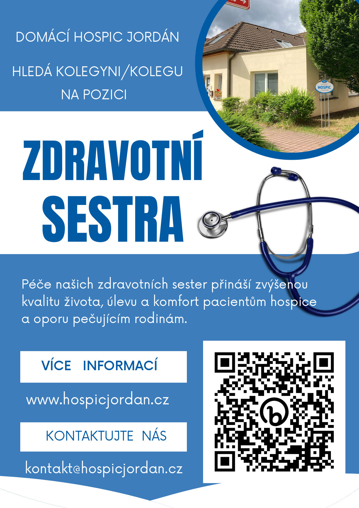 Letáček na nabídku práce v Domácí hospic Jordán hledá zdravotní sestru